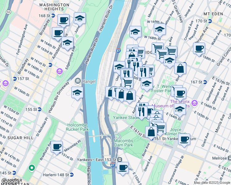 map of restaurants, bars, coffee shops, grocery stores, and more near 991 Summit Avenue in Bronx