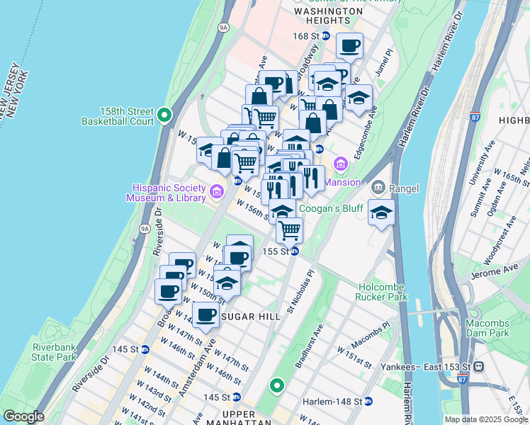 map of restaurants, bars, coffee shops, grocery stores, and more near 1963 Amsterdam Avenue in New York