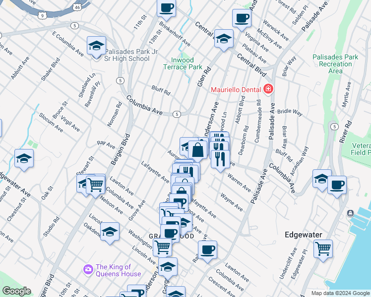 map of restaurants, bars, coffee shops, grocery stores, and more near 800 Glen Road in Fort Lee