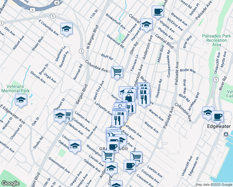 map of restaurants, bars, coffee shops, grocery stores, and more near 800 Glen Road in Fort Lee