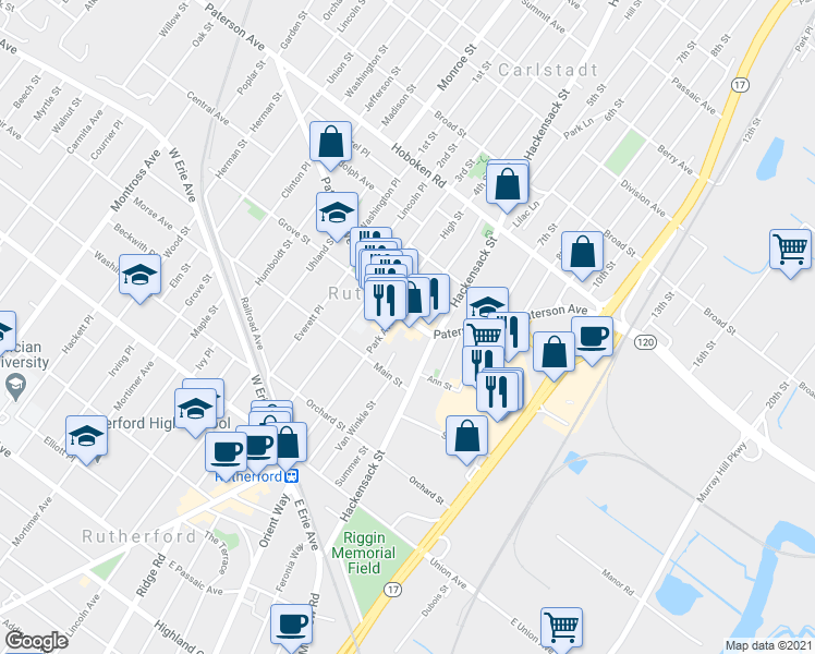 map of restaurants, bars, coffee shops, grocery stores, and more near in East Rutherford