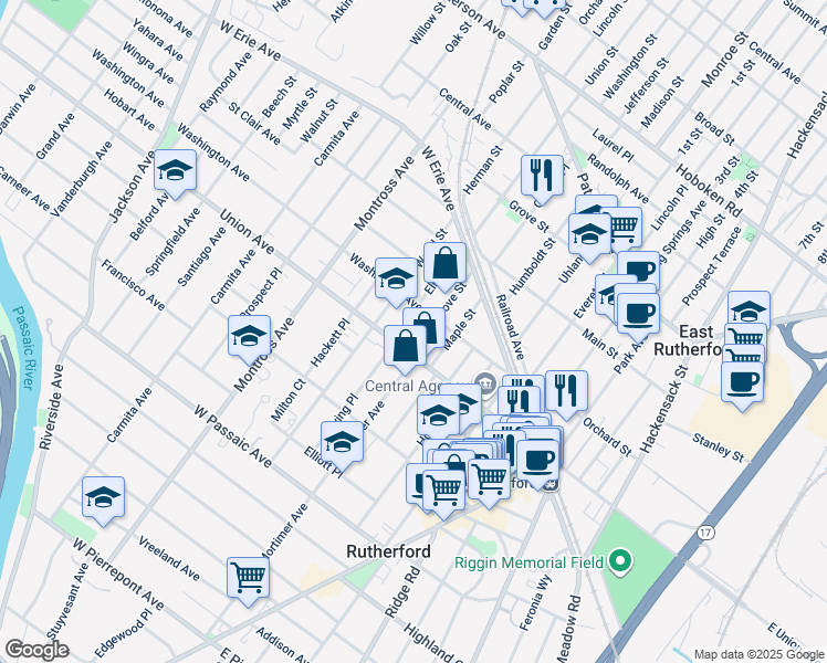 map of restaurants, bars, coffee shops, grocery stores, and more near 89 Wood Street in Rutherford