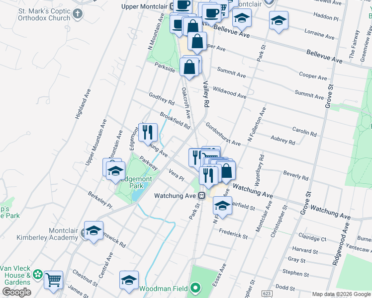 map of restaurants, bars, coffee shops, grocery stores, and more near 20 Appleton Place in Montclair