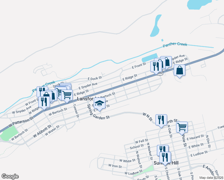 map of restaurants, bars, coffee shops, grocery stores, and more near 255 East Patterson Street in Lansford