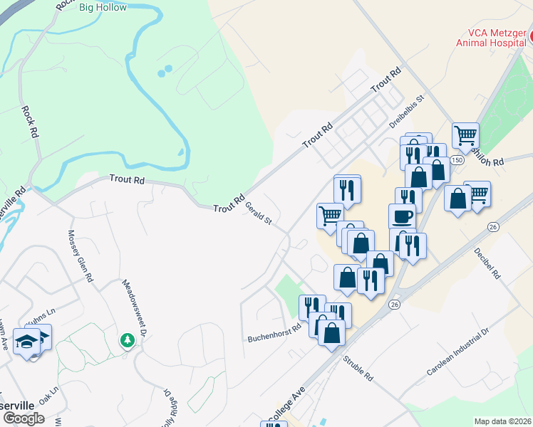map of restaurants, bars, coffee shops, grocery stores, and more near 116 Julian Drive in State College