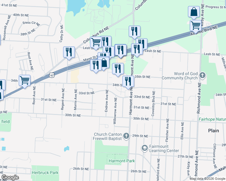 map of restaurants, bars, coffee shops, grocery stores, and more near 3126 34th Street Northeast in Canton