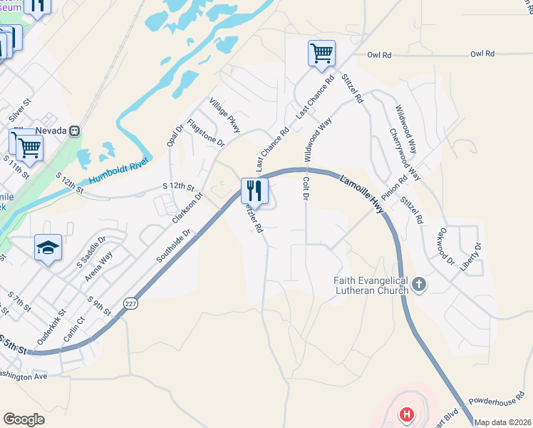 map of restaurants, bars, coffee shops, grocery stores, and more near 942 Sunrise Drive in Elko