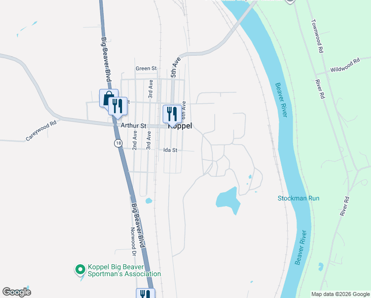 map of restaurants, bars, coffee shops, grocery stores, and more near 6537 6th Avenue in Koppel