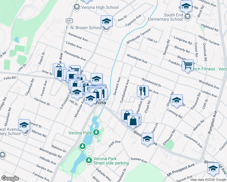 map of restaurants, bars, coffee shops, grocery stores, and more near 40 Derwent Avenue in Verona