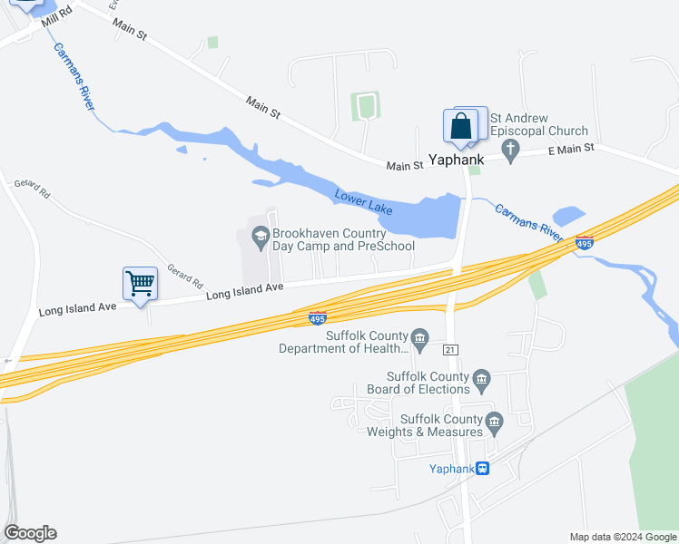 map of restaurants, bars, coffee shops, grocery stores, and more near 116 Long Island Avenue in Yaphank
