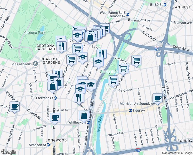map of restaurants, bars, coffee shops, grocery stores, and more near in Bronx