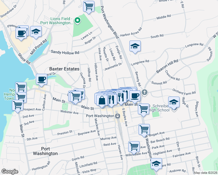 map of restaurants, bars, coffee shops, grocery stores, and more near 36A Herbert Avenue in Port Washington