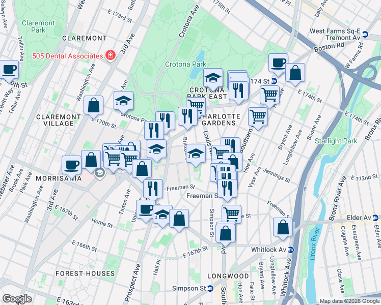 map of restaurants, bars, coffee shops, grocery stores, and more near 1397 Stebbins Avenue in The Bronx