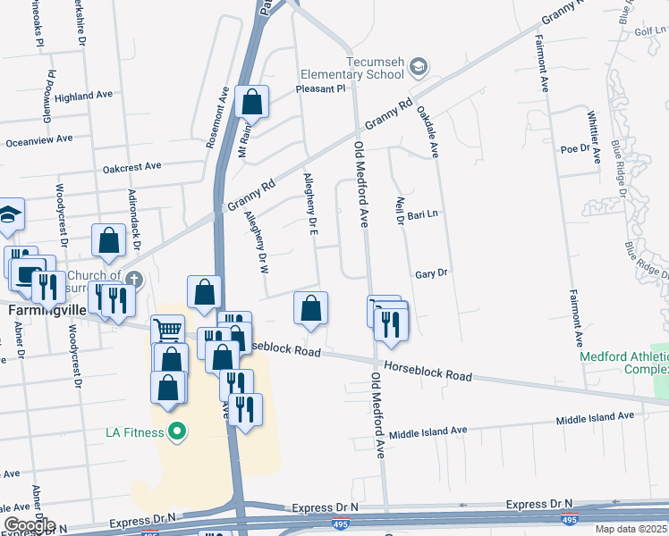 map of restaurants, bars, coffee shops, grocery stores, and more near 12 Fleetwood Drive in Farmingville
