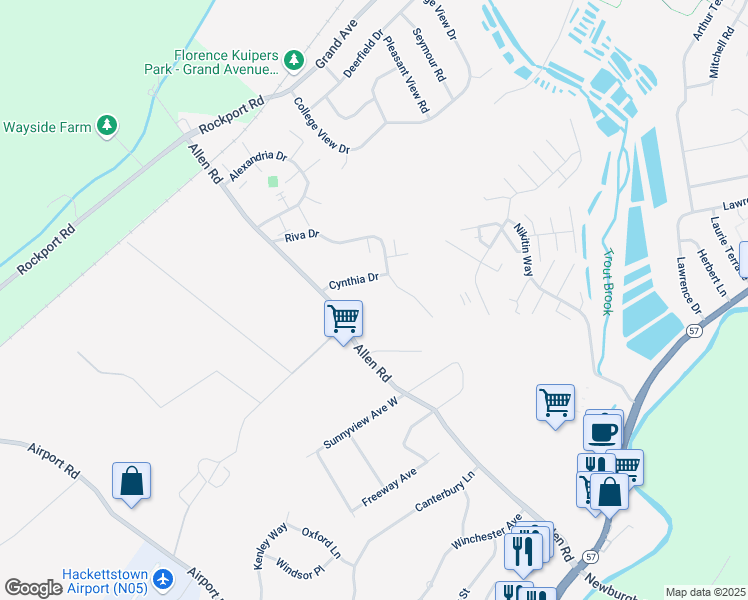 map of restaurants, bars, coffee shops, grocery stores, and more near 145 Cynthia Drive in Hackettstown