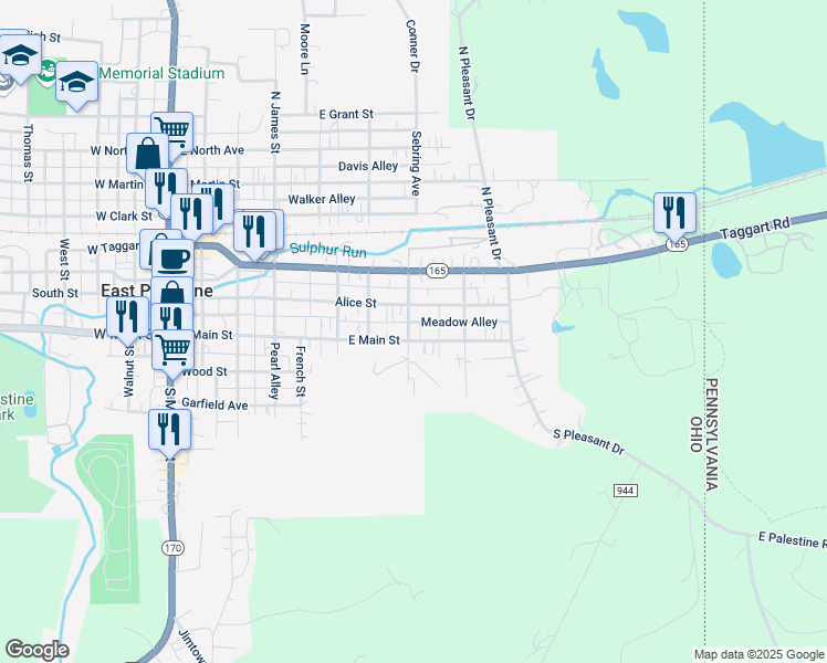 map of restaurants, bars, coffee shops, grocery stores, and more near 43 South Washington Street in East Palestine