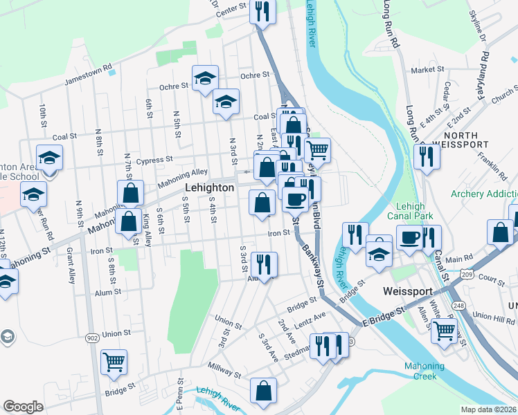 map of restaurants, bars, coffee shops, grocery stores, and more near 128 South 2nd Street in Lehighton