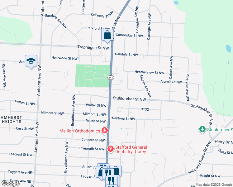 map of restaurants, bars, coffee shops, grocery stores, and more near 3544 Wales Avenue Northwest in Massillon