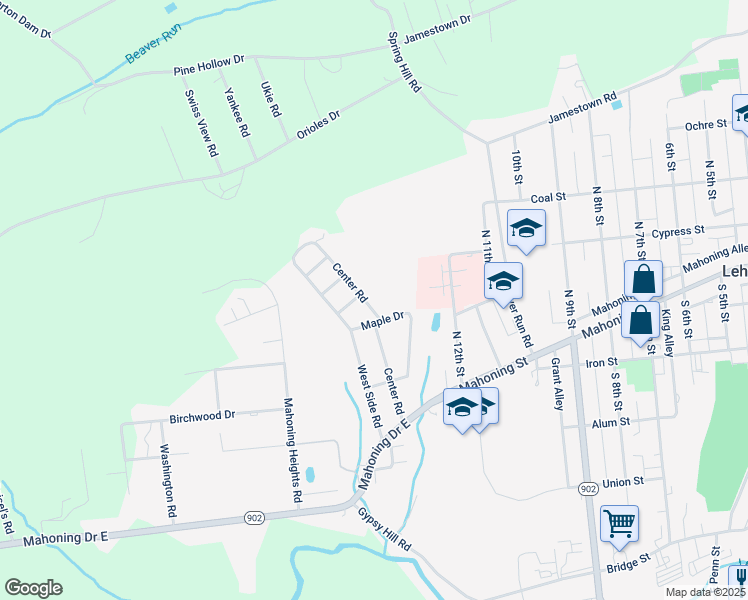 map of restaurants, bars, coffee shops, grocery stores, and more near 280 Center Road in Lehighton