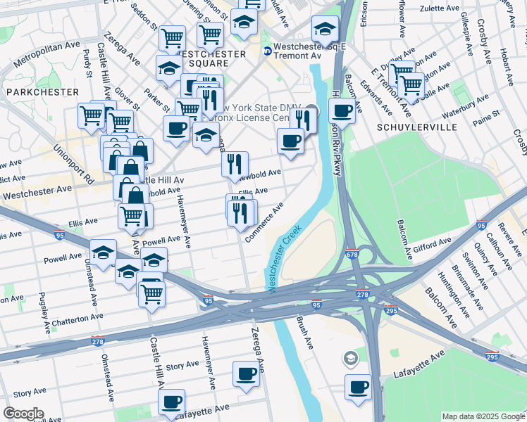 map of restaurants, bars, coffee shops, grocery stores, and more near 1155 Commerce Avenue in The Bronx