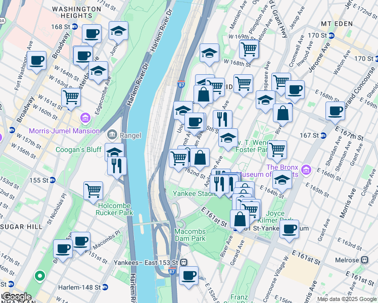 map of restaurants, bars, coffee shops, grocery stores, and more near 991 Summit Avenue in Bronx