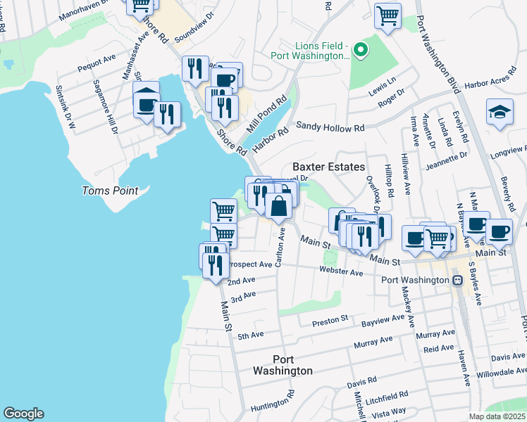 map of restaurants, bars, coffee shops, grocery stores, and more near 299-305 Main Street in Port Washington