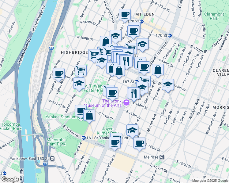 map of restaurants, bars, coffee shops, grocery stores, and more near 1098 Gerard Avenue in Bronx