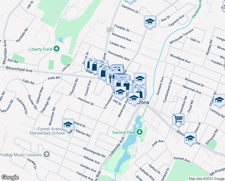 map of restaurants, bars, coffee shops, grocery stores, and more near 16 Grove Avenue in Verona