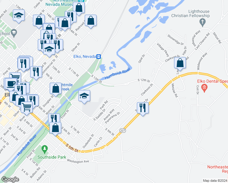 map of restaurants, bars, coffee shops, grocery stores, and more near 550 South 12th Street in Elko