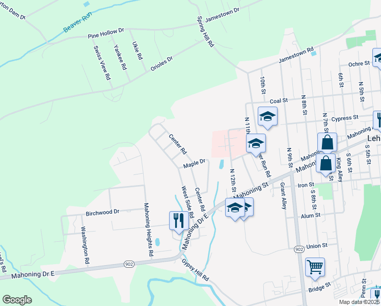 map of restaurants, bars, coffee shops, grocery stores, and more near 280 Center Road in Lehighton