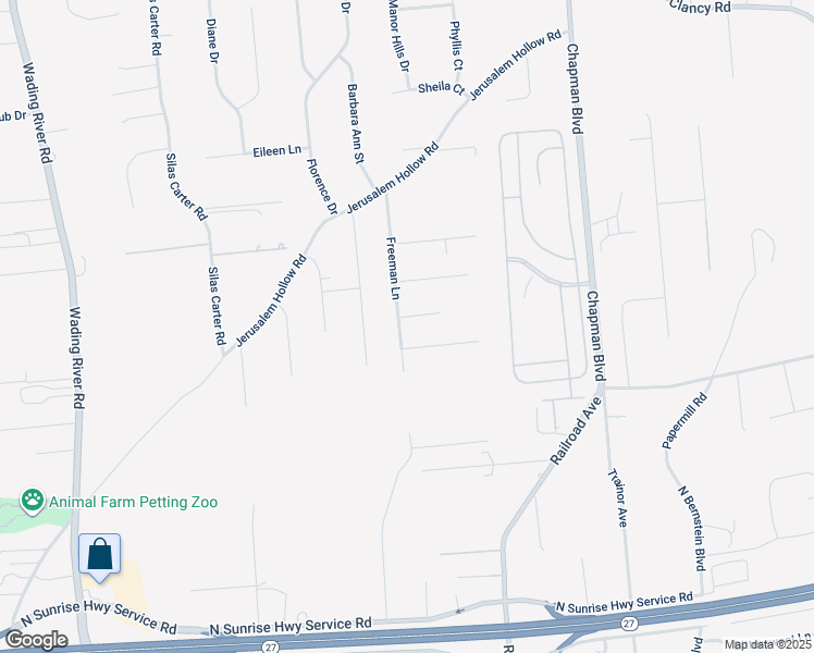 map of restaurants, bars, coffee shops, grocery stores, and more near 77 Freeman Lane in Manorville