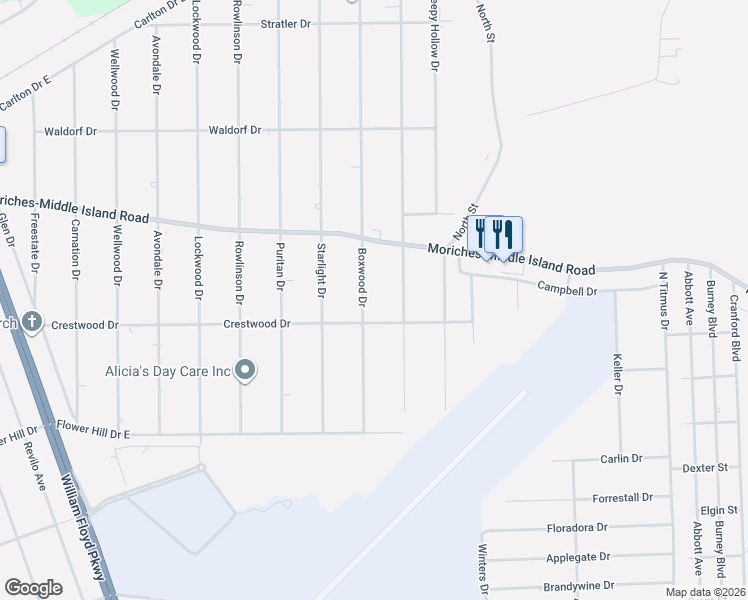 map of restaurants, bars, coffee shops, grocery stores, and more near 426 Boxwood Drive in Shirley