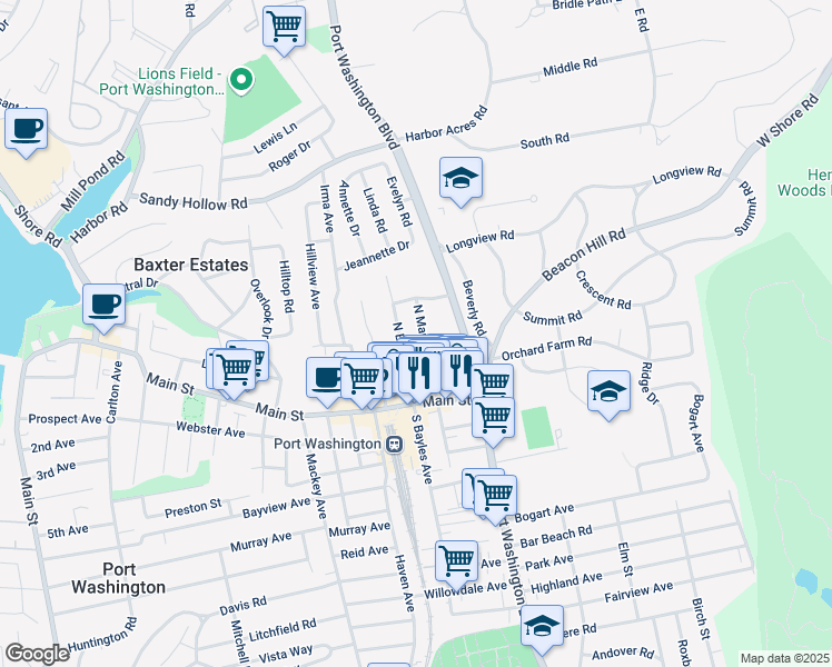 map of restaurants, bars, coffee shops, grocery stores, and more near 27 North Maryland Avenue in Port Washington