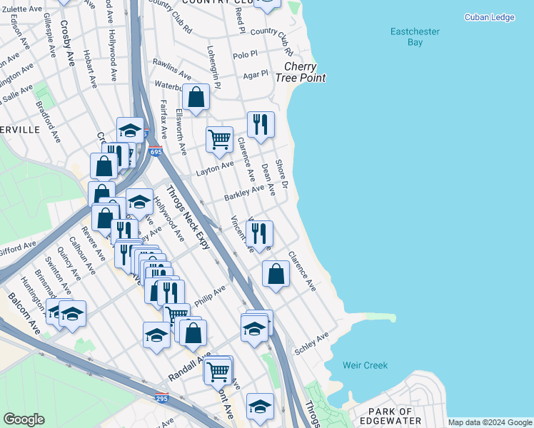 map of restaurants, bars, coffee shops, grocery stores, and more near 905 Clarence Avenue in The Bronx
