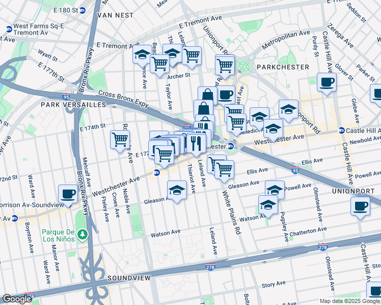 map of restaurants, bars, coffee shops, grocery stores, and more near 1316 Thieriot Avenue in Bronx
