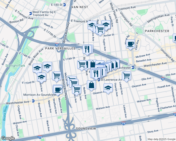 map of restaurants, bars, coffee shops, grocery stores, and more near 1309 Commonwealth Avenue in The Bronx