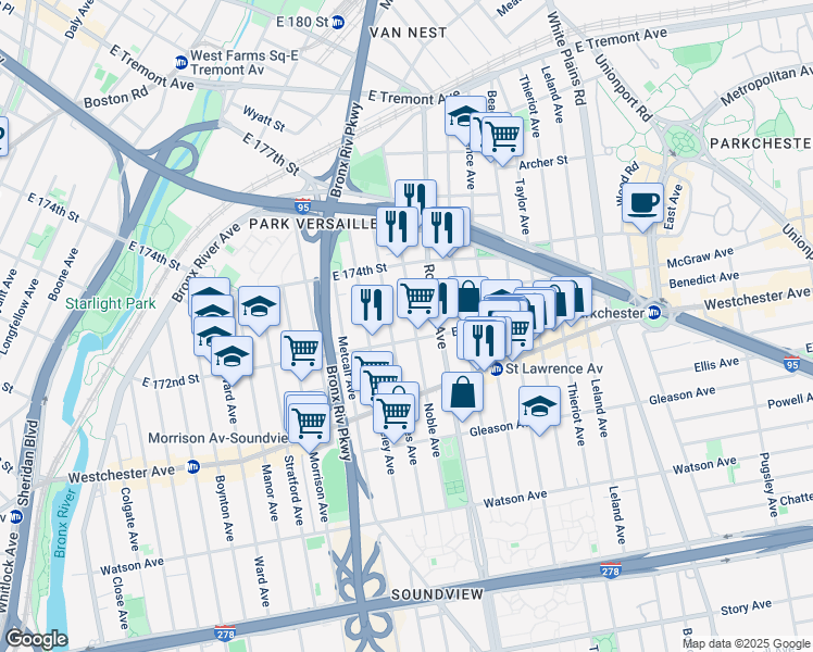 map of restaurants, bars, coffee shops, grocery stores, and more near 1320 Noble Avenue in The Bronx