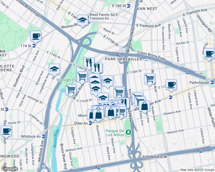 map of restaurants, bars, coffee shops, grocery stores, and more near 1349 Stratford Avenue in The Bronx
