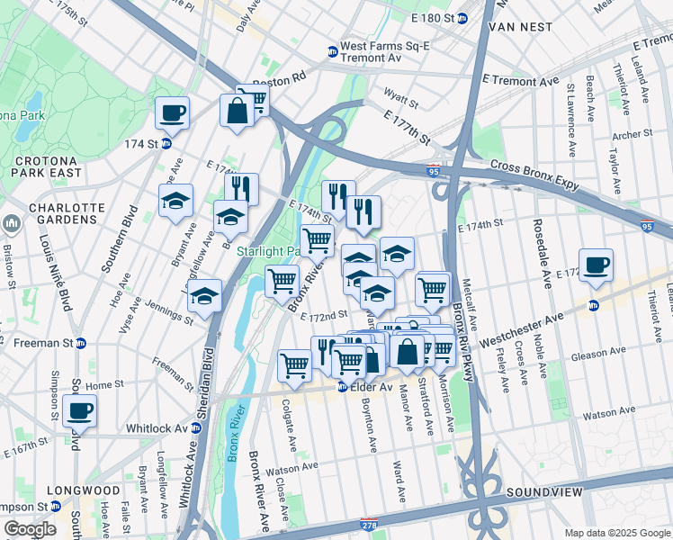 map of restaurants, bars, coffee shops, grocery stores, and more near 1353 Boynton Avenue in Bronx