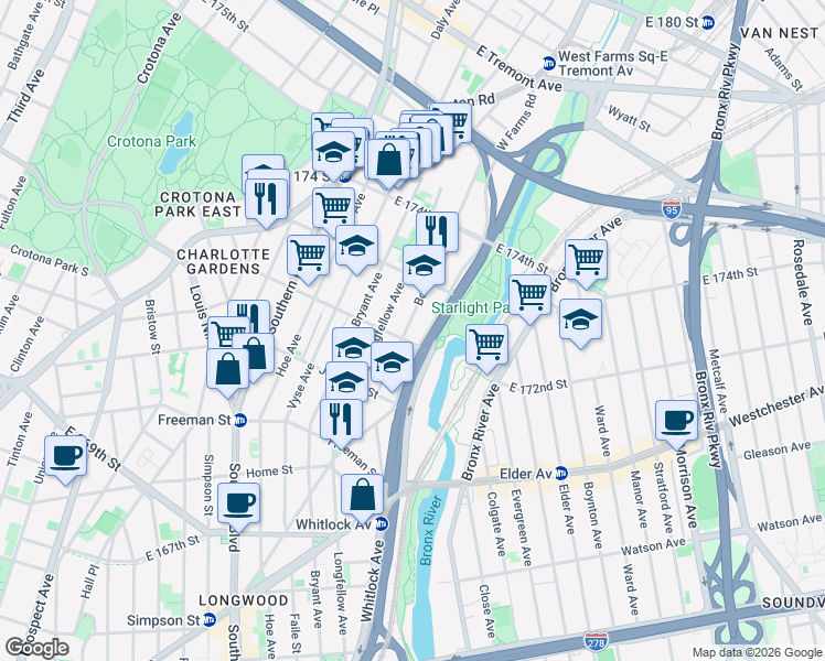 map of restaurants, bars, coffee shops, grocery stores, and more near in Bronx