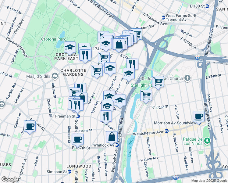 map of restaurants, bars, coffee shops, grocery stores, and more near 984 East 172nd Street in Bronx