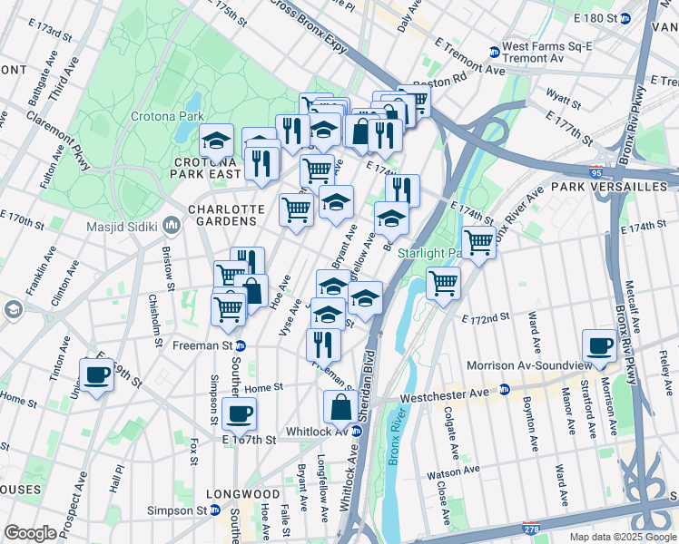 map of restaurants, bars, coffee shops, grocery stores, and more near 984 East 172nd Street in Bronx