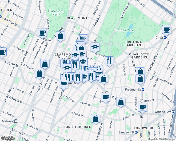 map of restaurants, bars, coffee shops, grocery stores, and more near 1344 Fulton Avenue in The Bronx