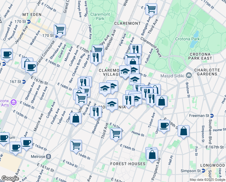map of restaurants, bars, coffee shops, grocery stores, and more near in Bronx