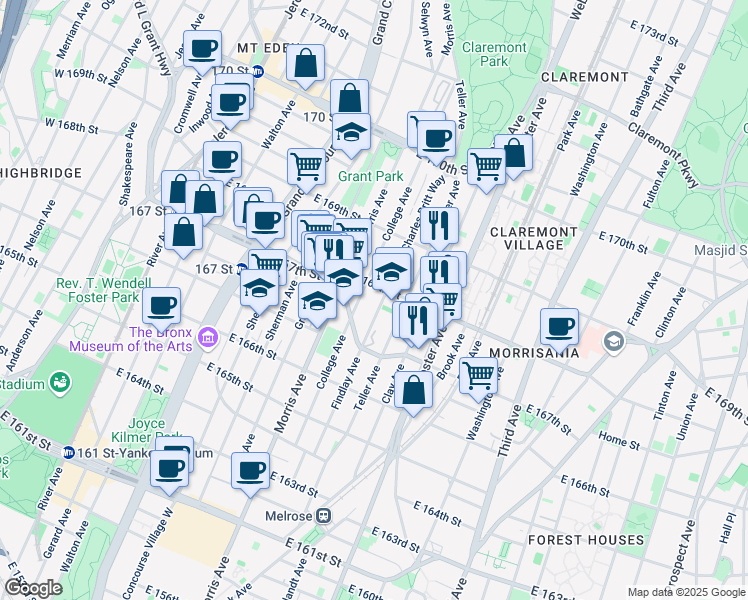 map of restaurants, bars, coffee shops, grocery stores, and more near 1227 College Avenue in Bronx