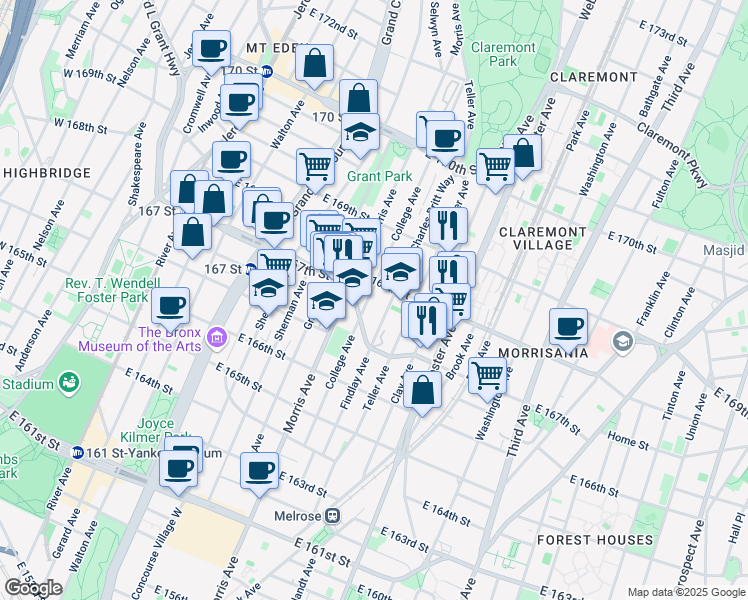 map of restaurants, bars, coffee shops, grocery stores, and more near 1227 College Avenue in Bronx