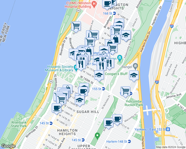 map of restaurants, bars, coffee shops, grocery stores, and more near 1963 Amsterdam Avenue in New York
