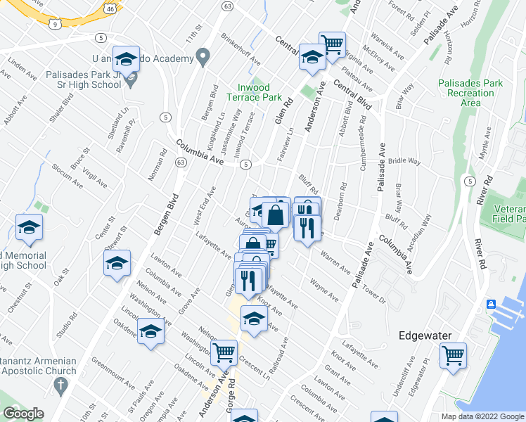 map of restaurants, bars, coffee shops, grocery stores, and more near 809 Fairview Lane in Fort Lee