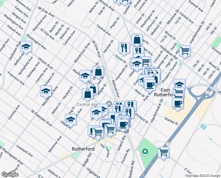 map of restaurants, bars, coffee shops, grocery stores, and more near 64 West Erie Avenue in Rutherford