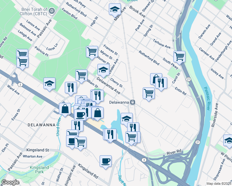 map of restaurants, bars, coffee shops, grocery stores, and more near 289 Delawanna Avenue in Clifton